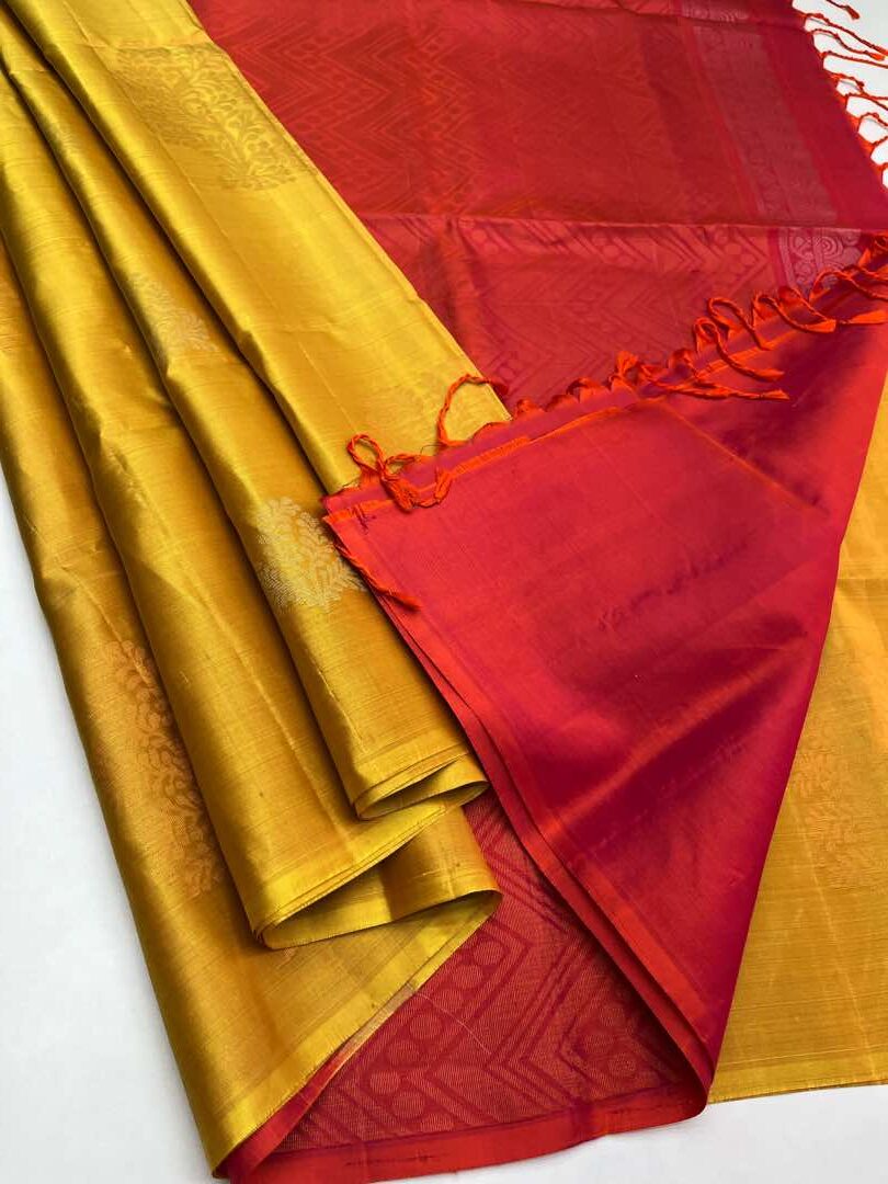 Beautiful Handloom Soft Silk Bhutta saree in Yellow with Orangish Pink