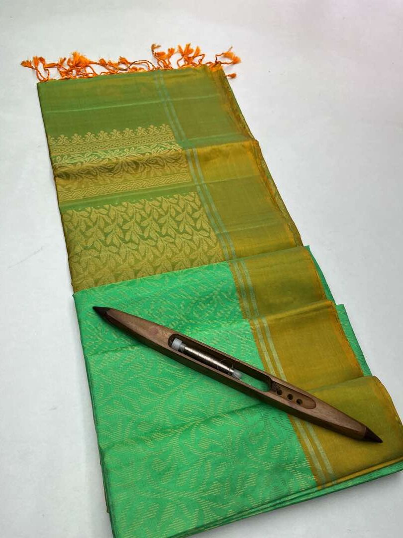 Beautiful Handloom Soft Silk Bridal saree in Green with Greenish Yellow