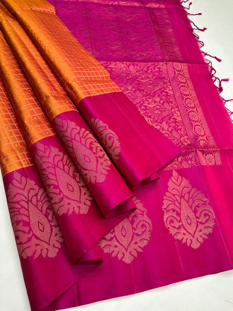 Orangish Pink & Rani Pink - Soft Silk Saree