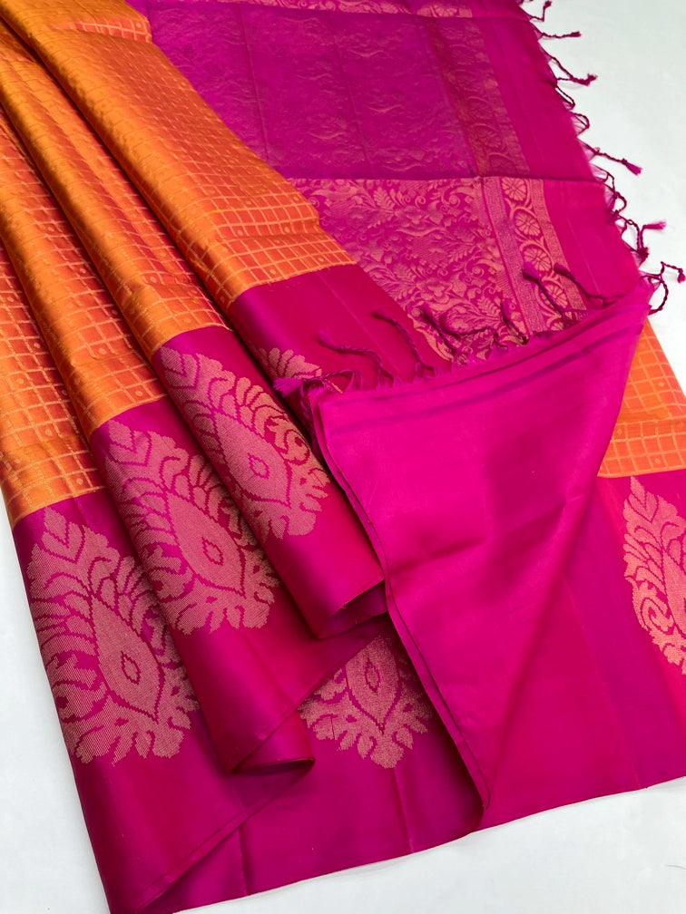 Orangish Pink & Rani Pink - Soft Silk Saree