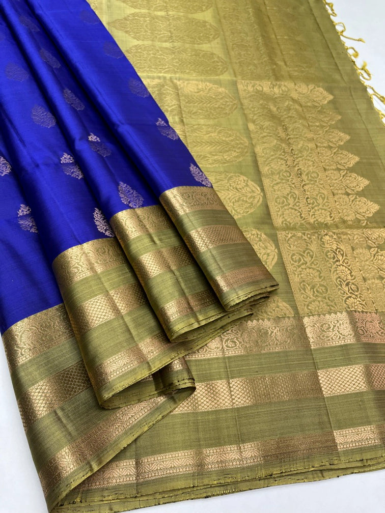 Royal Blue & Greenish Grey - Soft Silk Saree