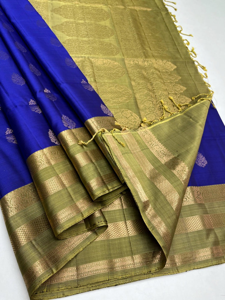 Royal Blue & Greenish Grey - Soft Silk Saree