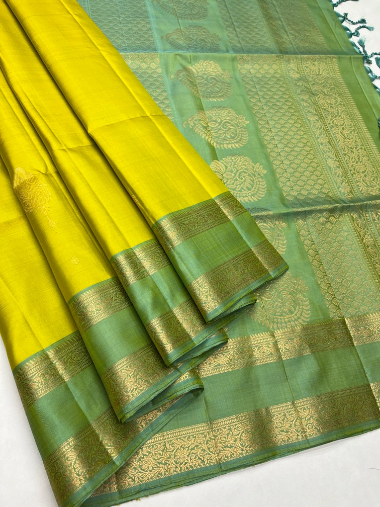 Lemon Yellow & Mint Green - Soft Silk Saree