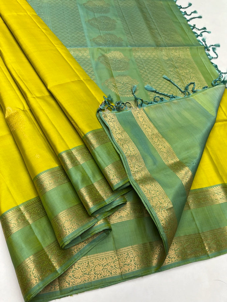 Lemon Yellow & Mint Green - Soft Silk Saree