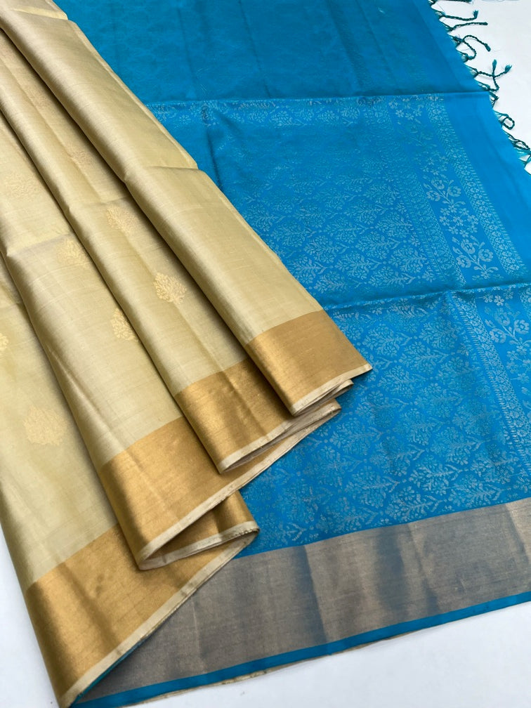 Ivory & Blue - Soft Silk Saree