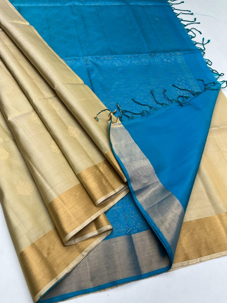 Ivory & Blue - Soft Silk Saree