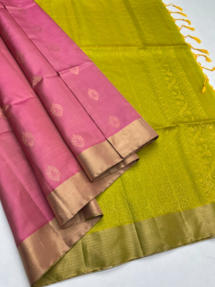 Pink & Mehandi Green - Soft Silk Saree