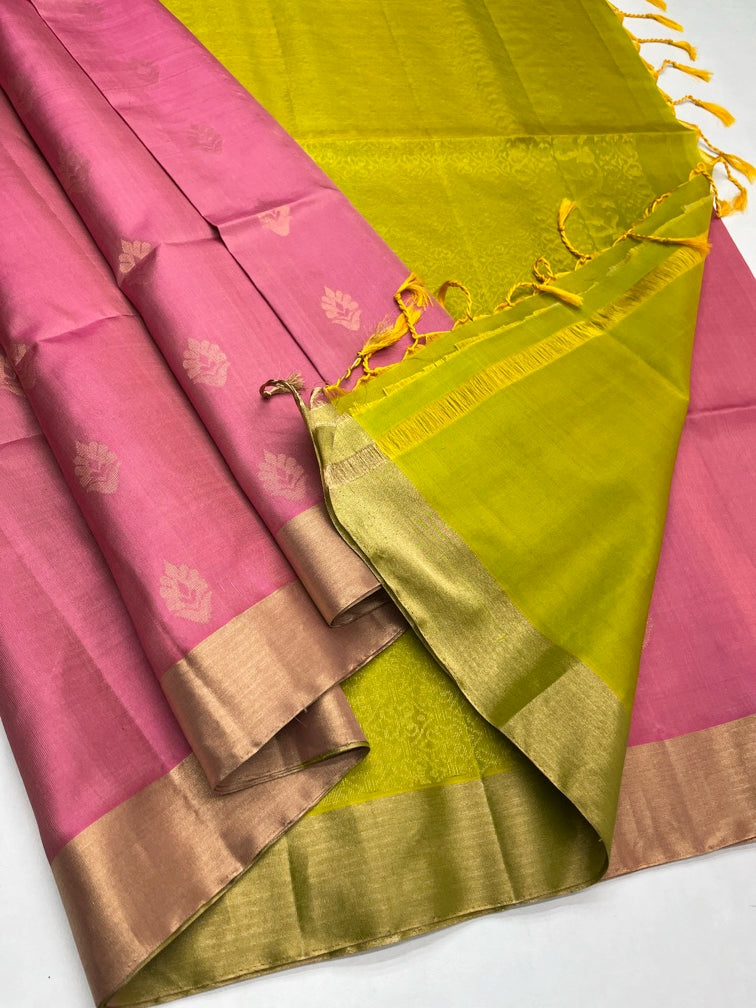 Pink & Mehandi Green - Soft Silk Saree