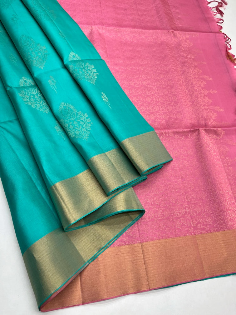 Aqua Blue & Pink - Soft Silk Saree