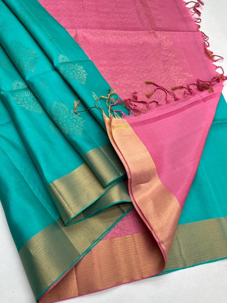 Aqua Blue & Pink - Soft Silk Saree