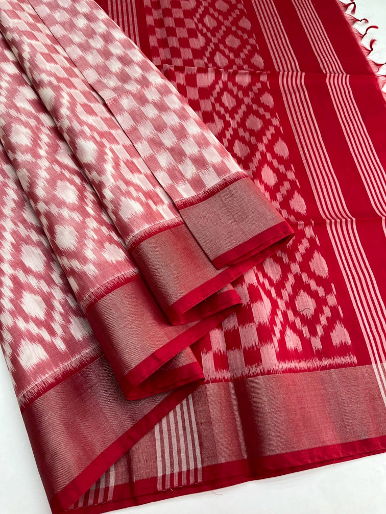 White& Red - Silk Cotton Pochampally Saree