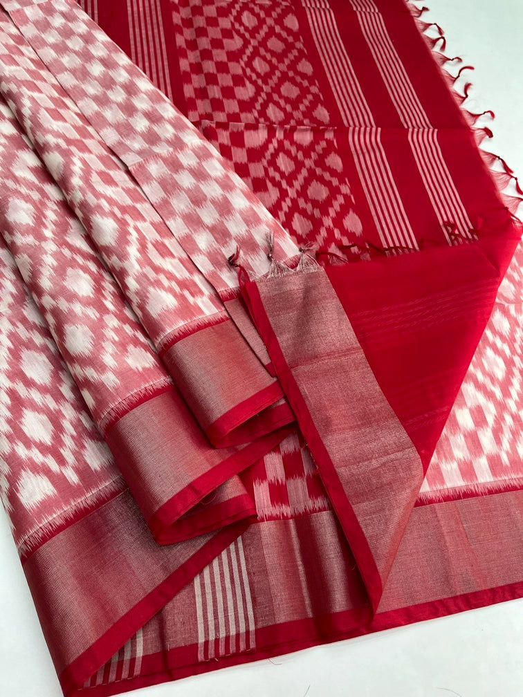 White& Red - Silk Cotton Pochampally Saree