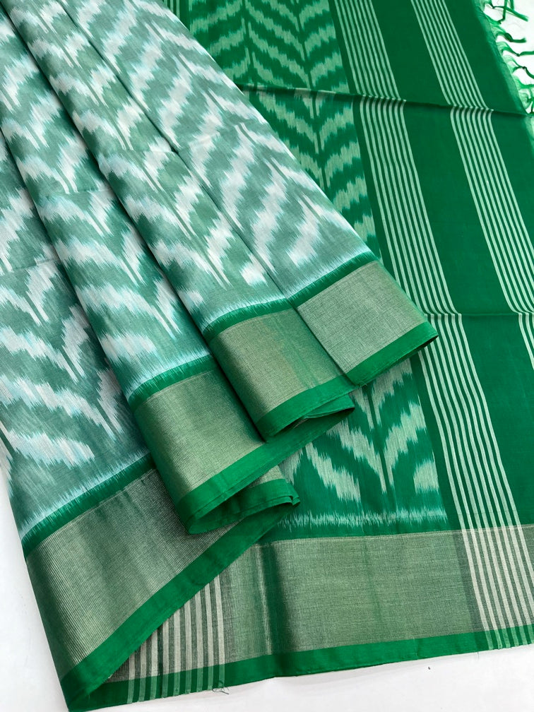 White & Green - Silk Cotton Pochampally Saree