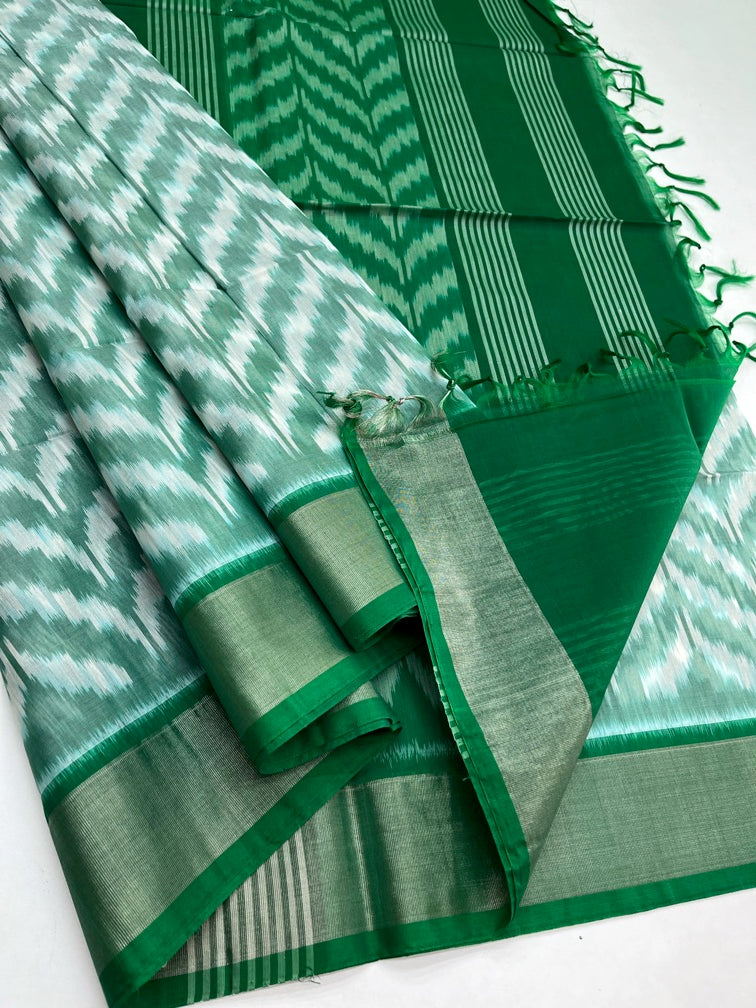 White & Green - Silk Cotton Pochampally Saree