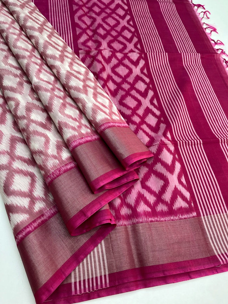 White & Pink - Silk Cotton Pochampally Saree.