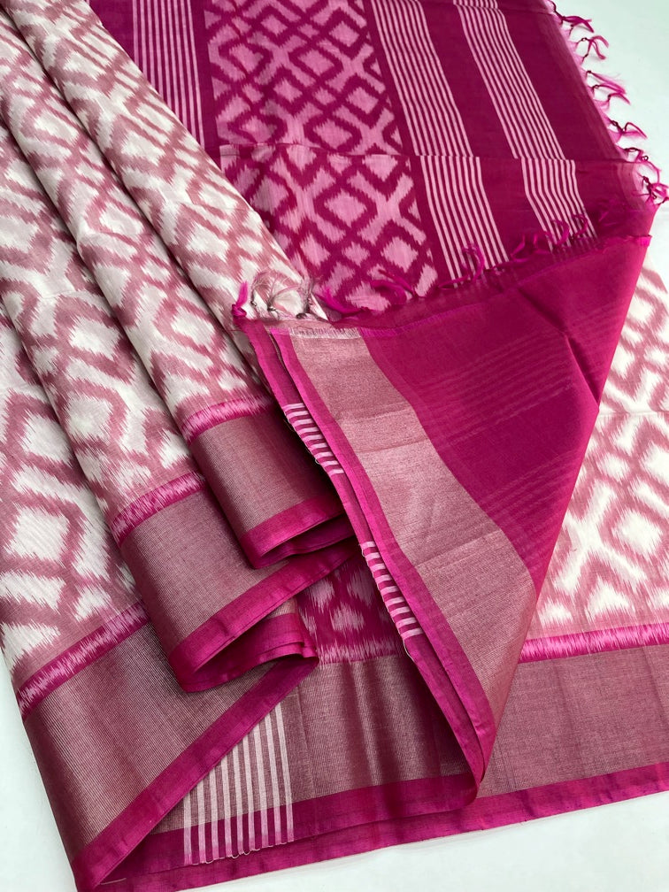 White & Pink - Silk Cotton Pochampally Saree.