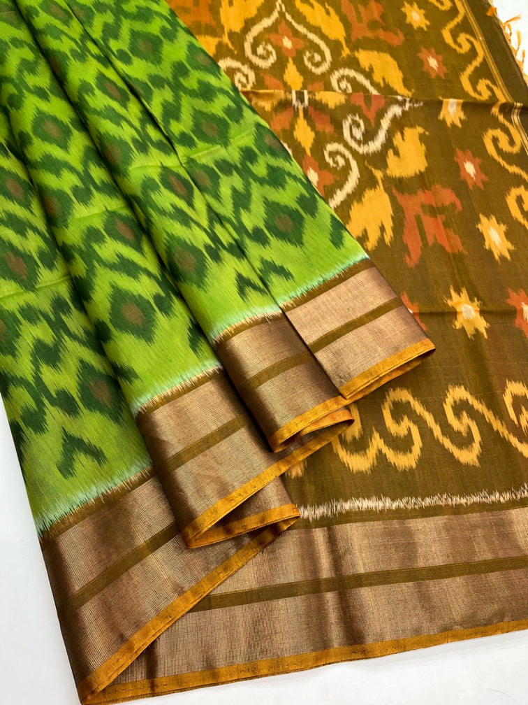 Green & Mehandi Green - Silk Cotton Pochampally Saree