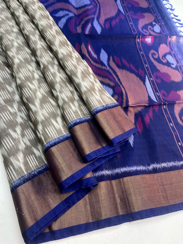 Grey & Blue - Silk  Cotton Pochampally saree