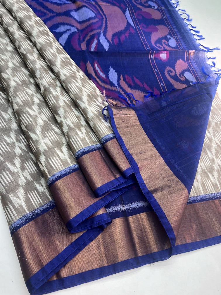 Grey & Blue - Silk  Cotton Pochampally saree