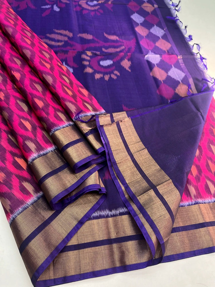 Magenta & Purple - Silk Cotton Pochampally Saree