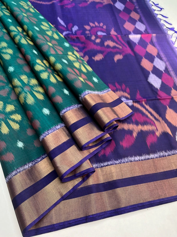 Teal Green & Royal Blue - Silk Cotton Pochampally Saree