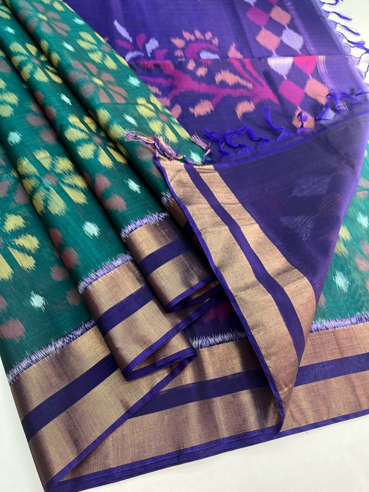 Teal Green & Royal Blue - Silk Cotton Pochampally Saree