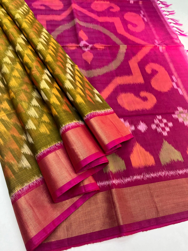 Mehandi Green & Magenta Pink - Silk Cotton Pochampally Saree