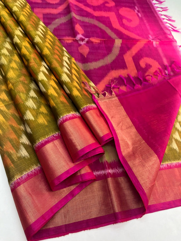 Mehandi Green & Magenta Pink - Silk Cotton Pochampally Saree