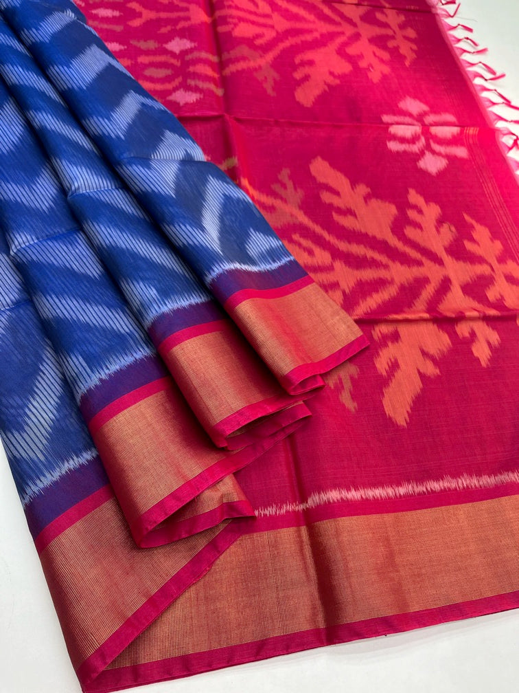 Blue & Red - Silk Cotton Pochampally Saree