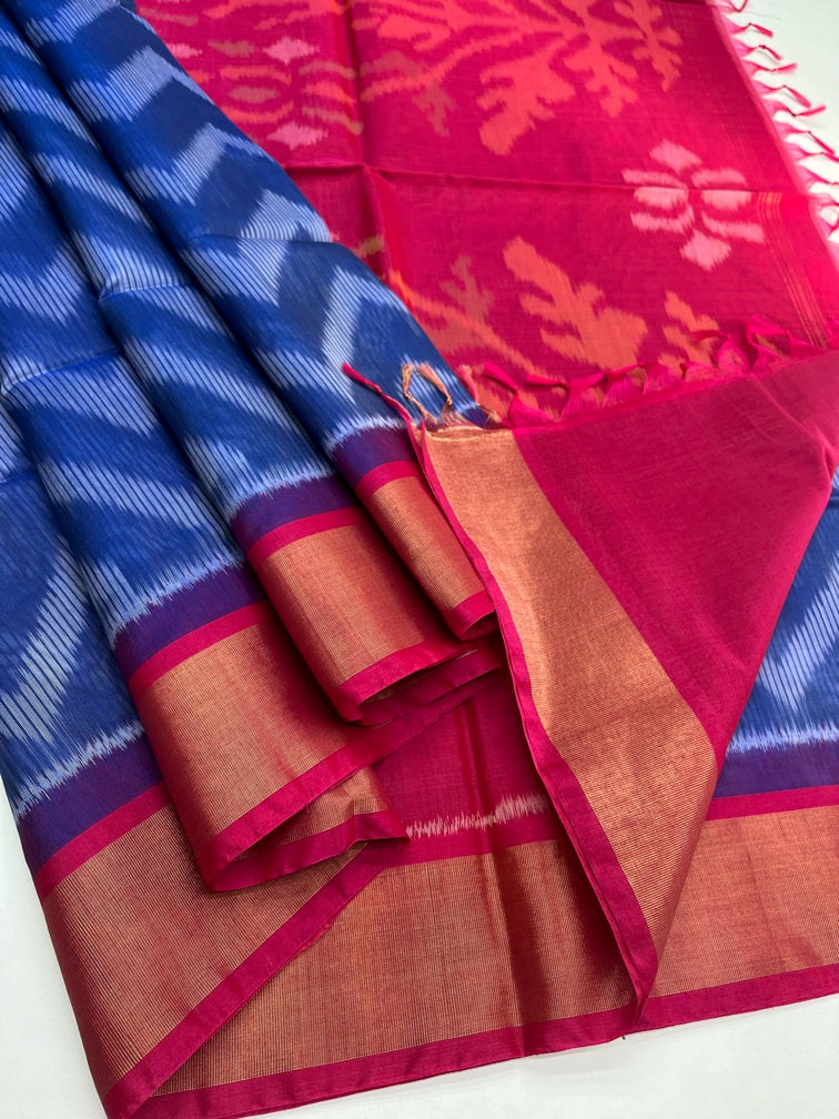 Blue & Red - Silk Cotton Pochampally Saree