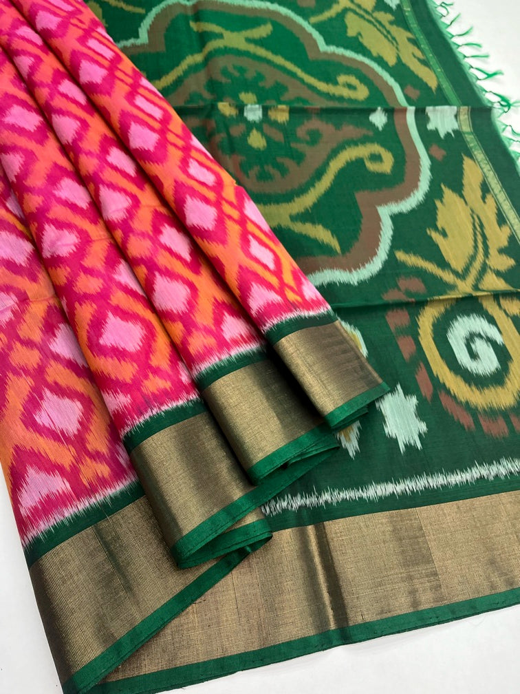 Pink & Green - Silk Cotton Pochampally Saree