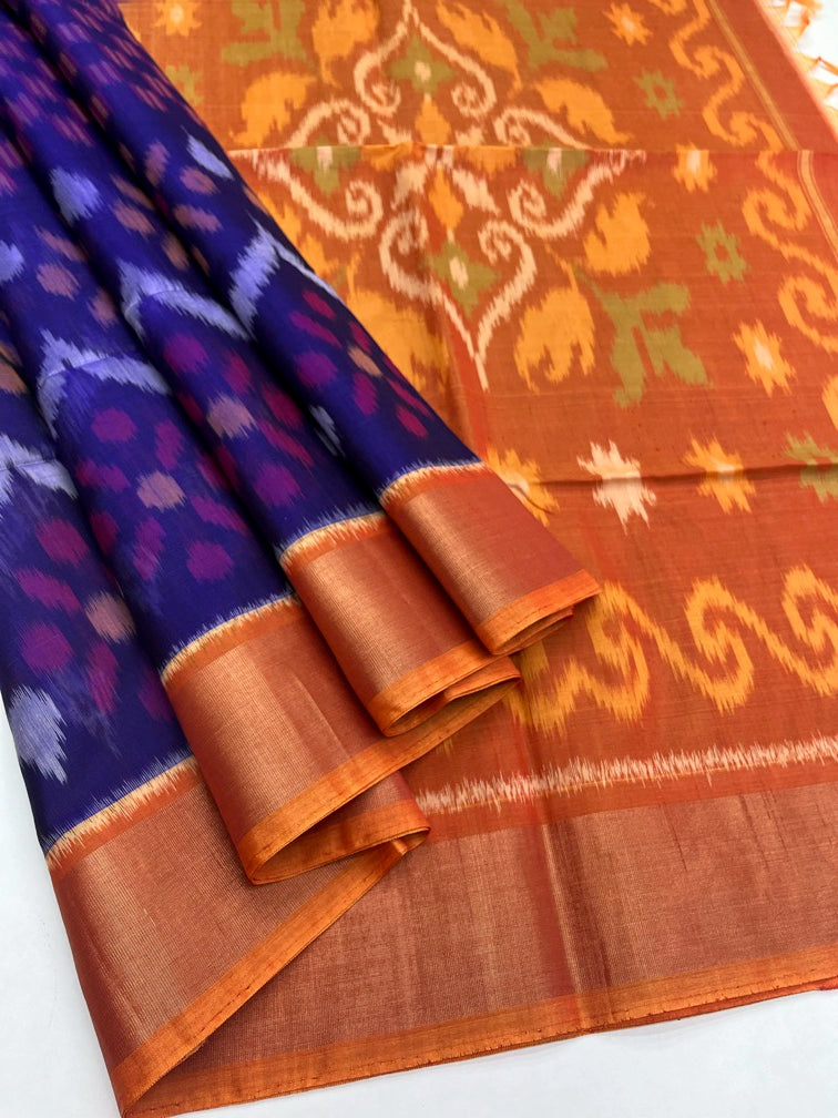 Royal Blue & Mustered - Silk Cotton Pochampally Saree