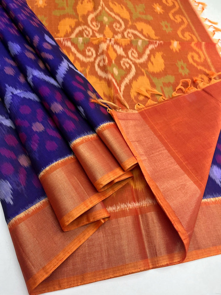 Royal Blue & Mustered - Silk Cotton Pochampally Saree