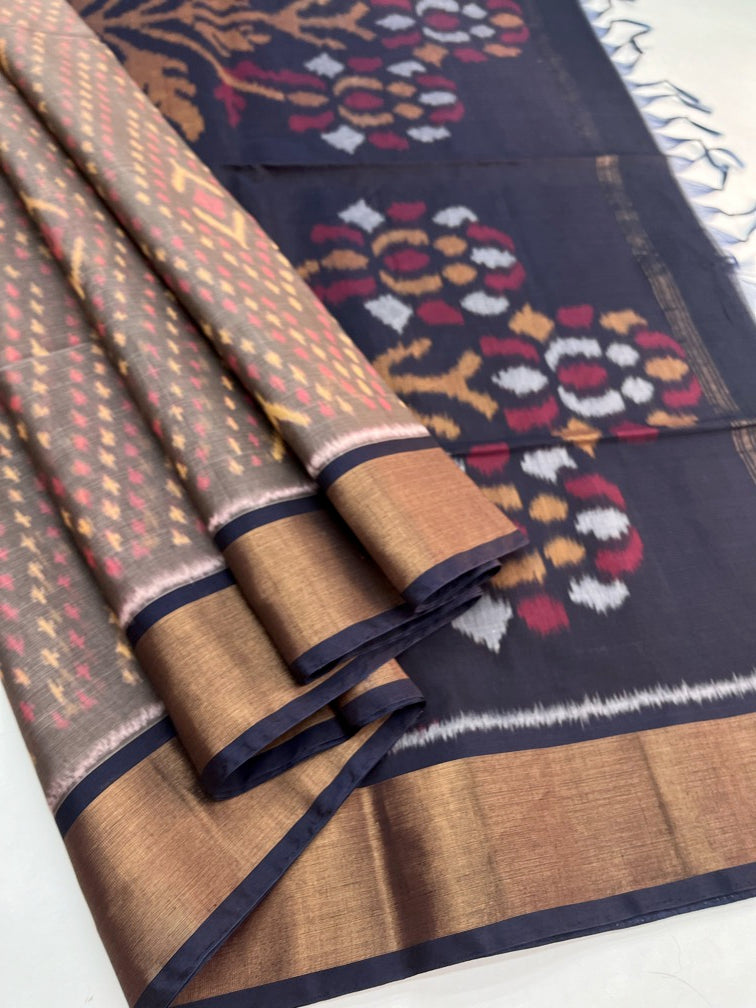 Chocolate Brown & Navy Blue - Silk Cotton Pochampally Saree