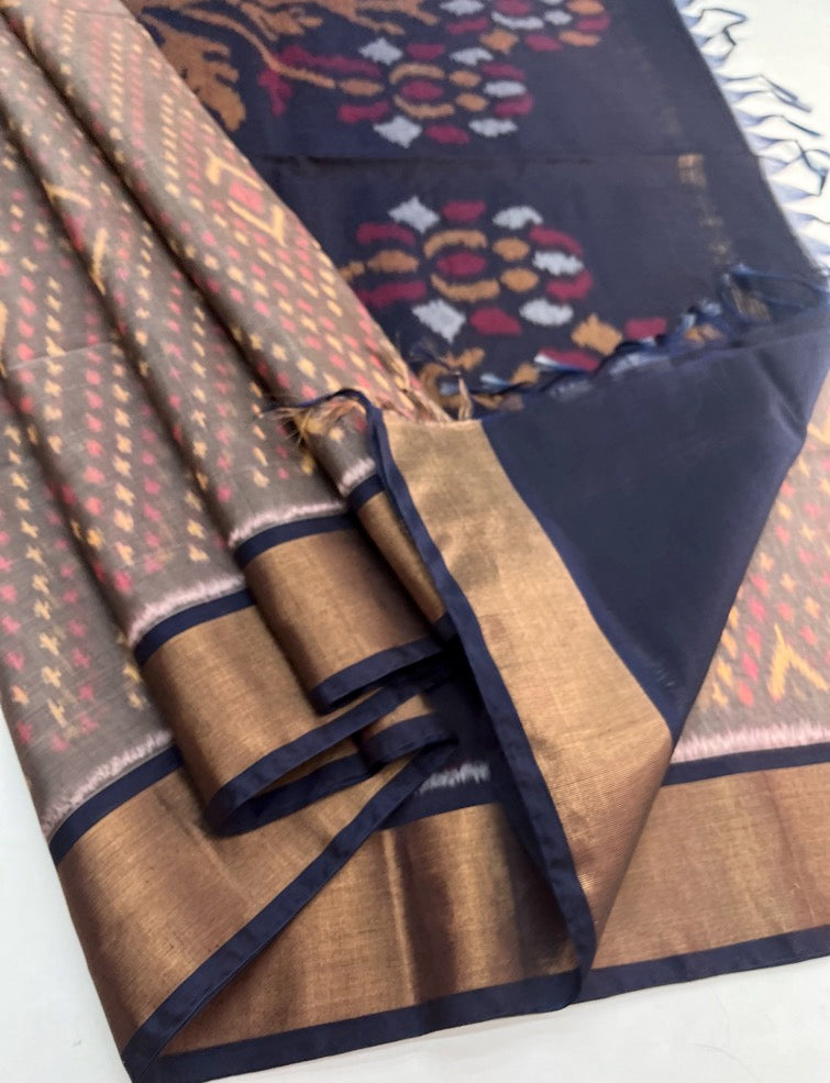 Chocolate Brown & Navy Blue - Silk Cotton Pochampally Saree