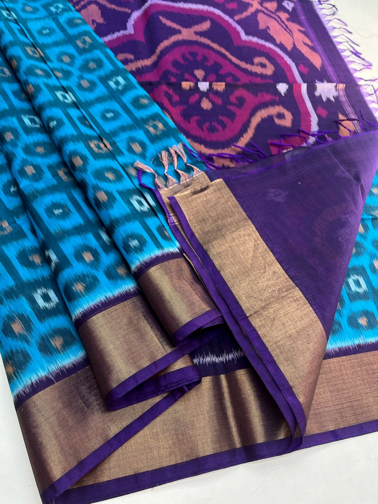 Blue & Voilet - Silk Cotton Pochampally Saree