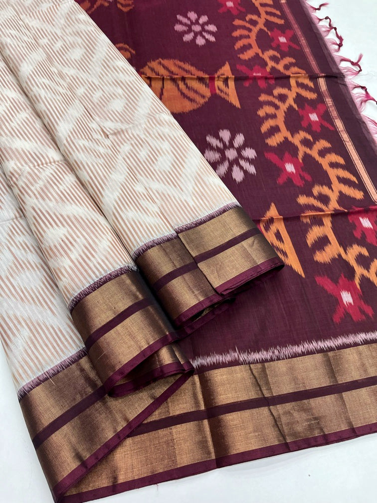 Half White & Brown - Silk Cotton Pochampally Saree