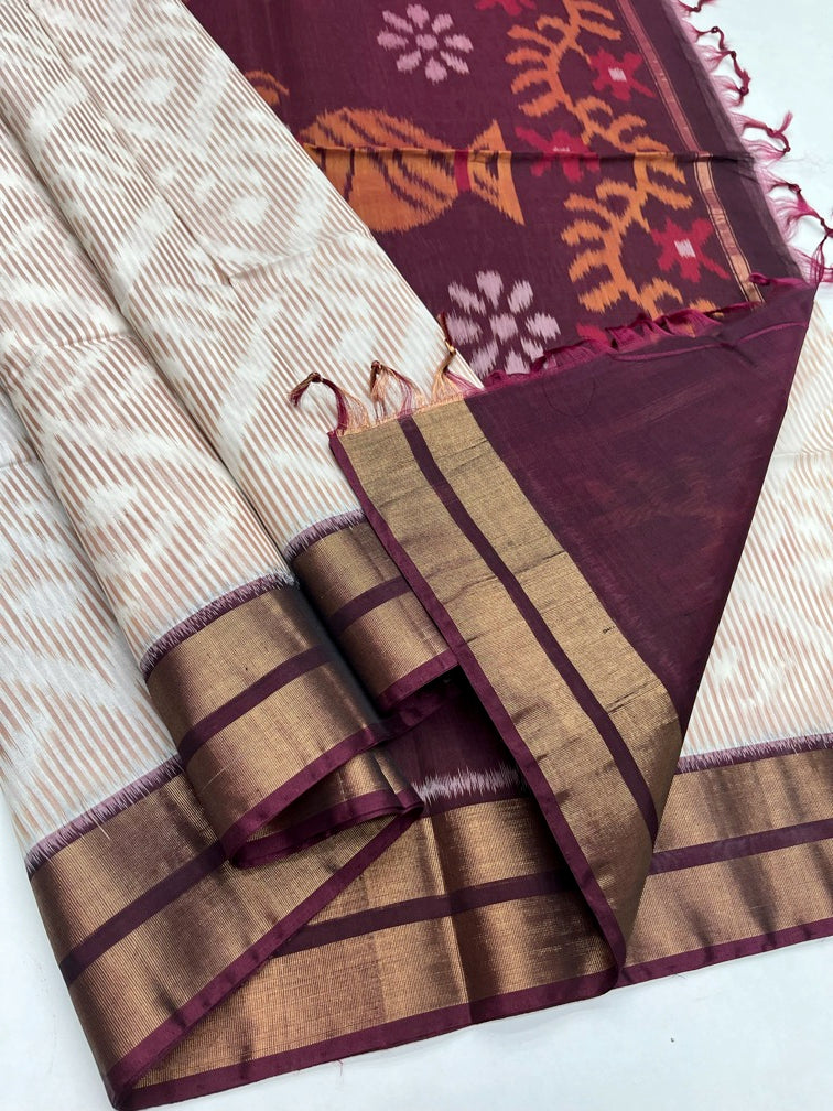 Half White & Brown - Silk Cotton Pochampally Saree