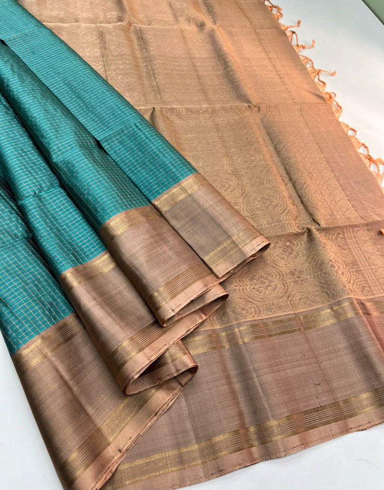 Blue & Beige - Soft Silk Saree