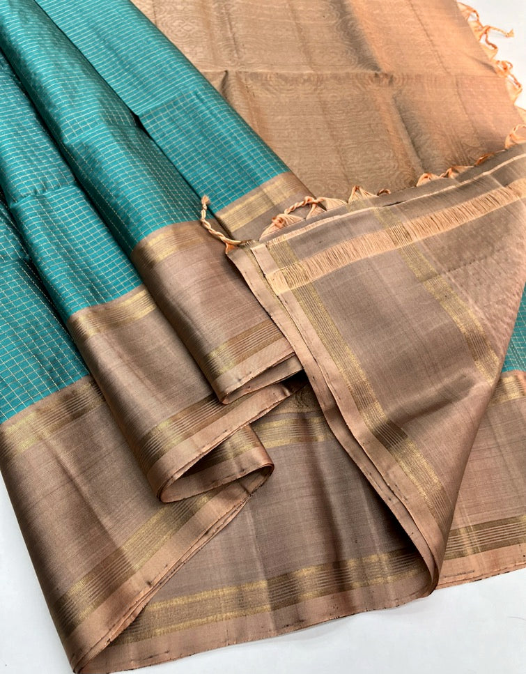 Blue & Beige - Soft Silk Saree