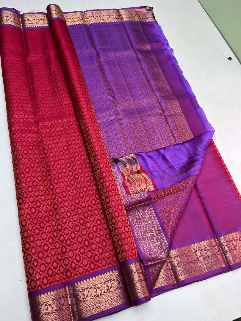 Beautiful Handloom Pure Soft Silk Empose Design Saree in Kumkum color with Lavender