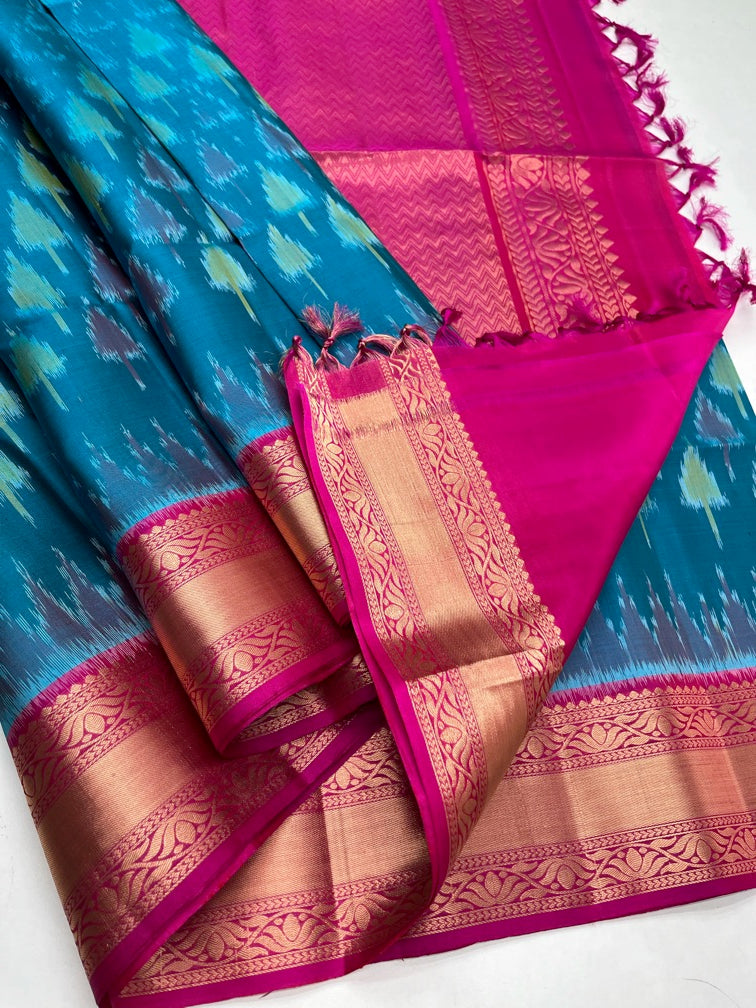 Blue & Pink - Pochampally Soft Silk Saree