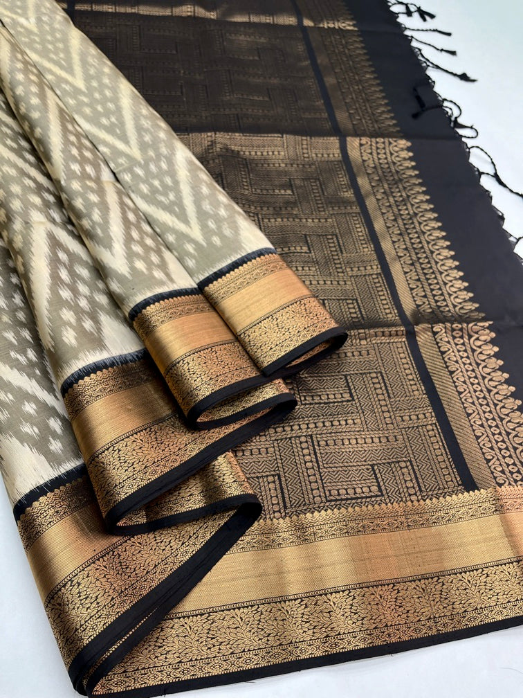 Grey & Black - Pochampally Soft Silk Saree