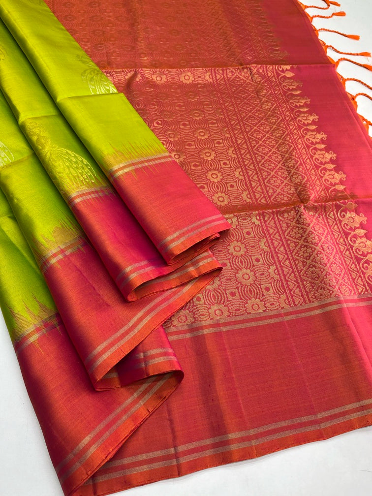 Green & Orangish pink - Soft Silk Saree