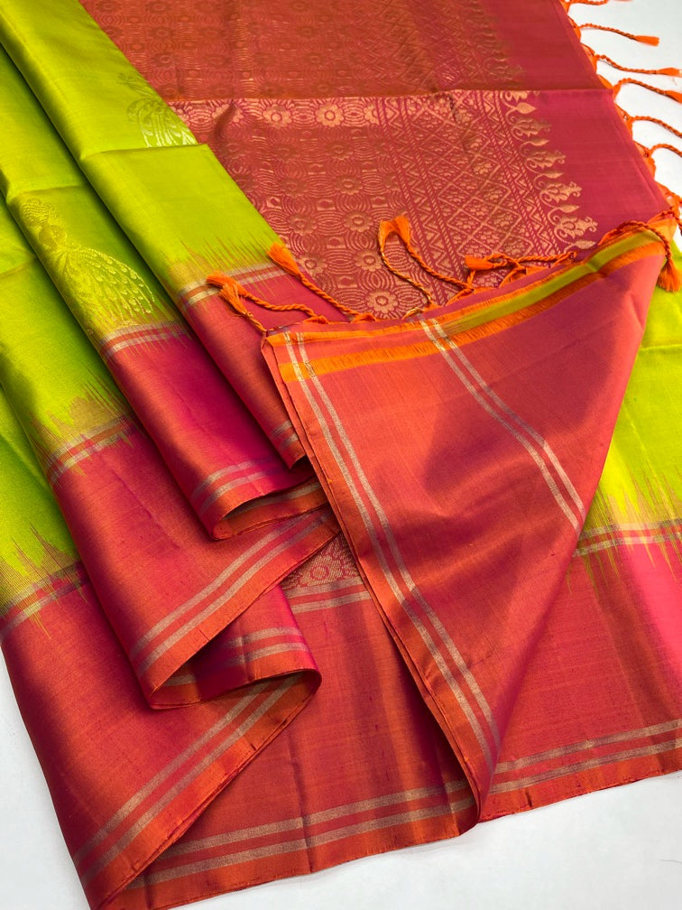 Green & Orangish pink - Soft Silk Saree