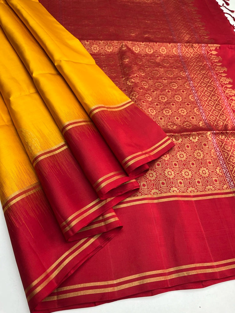 Mango yellow & Red - Soft Silk Saree