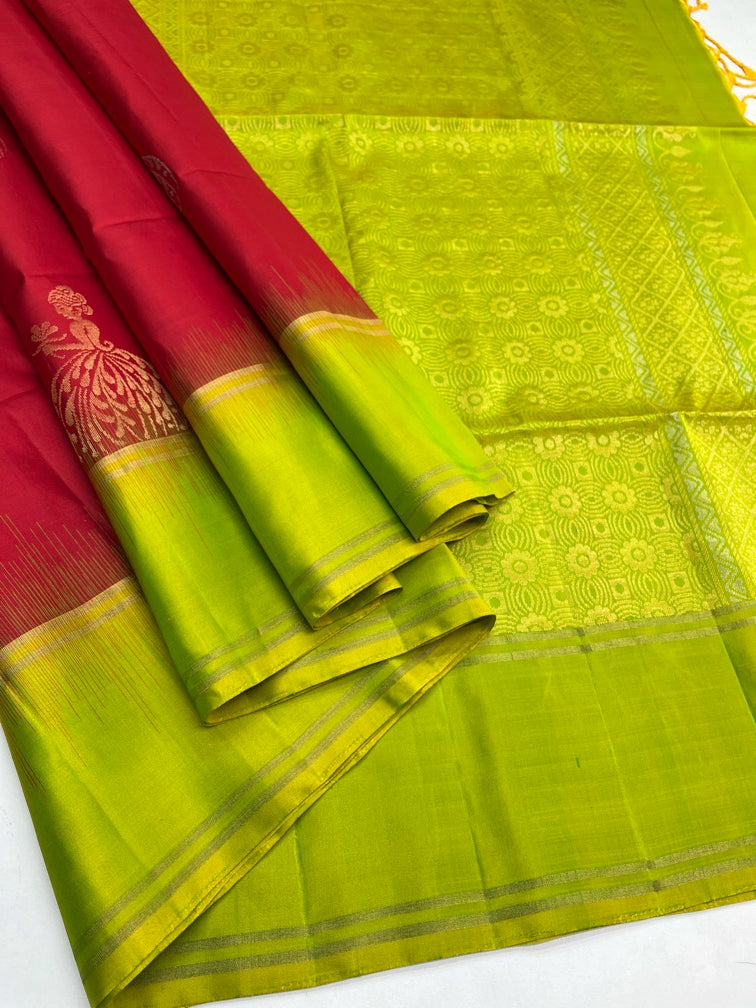 Red & Green - Soft Silk Saree