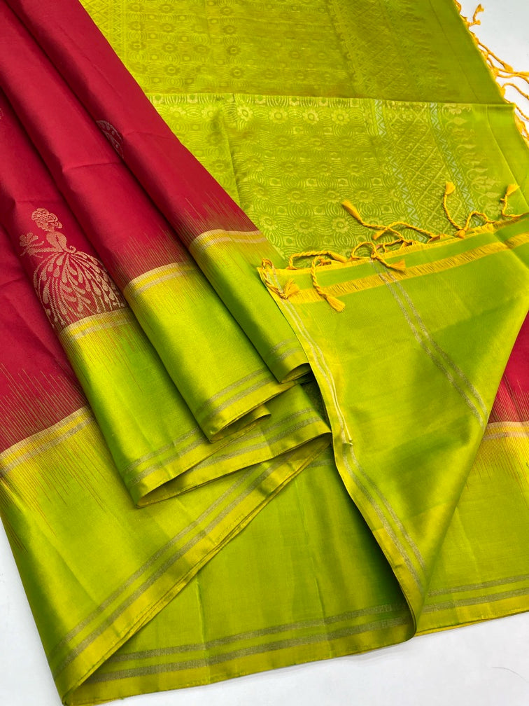 Red & Green - Soft Silk Saree