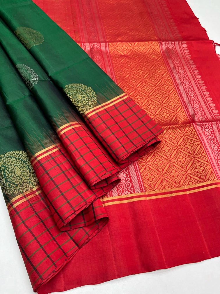 Dark Green & Red - Soft Silk Saree