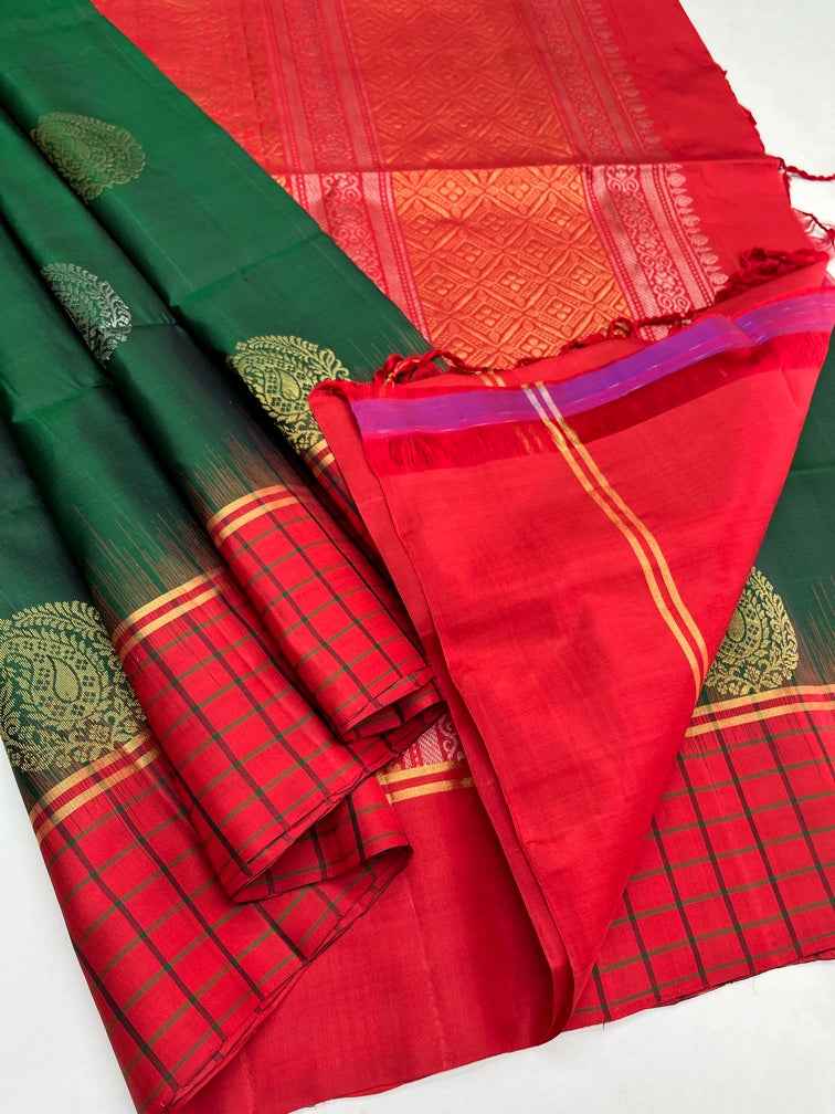 Dark Green & Red - Soft Silk Saree